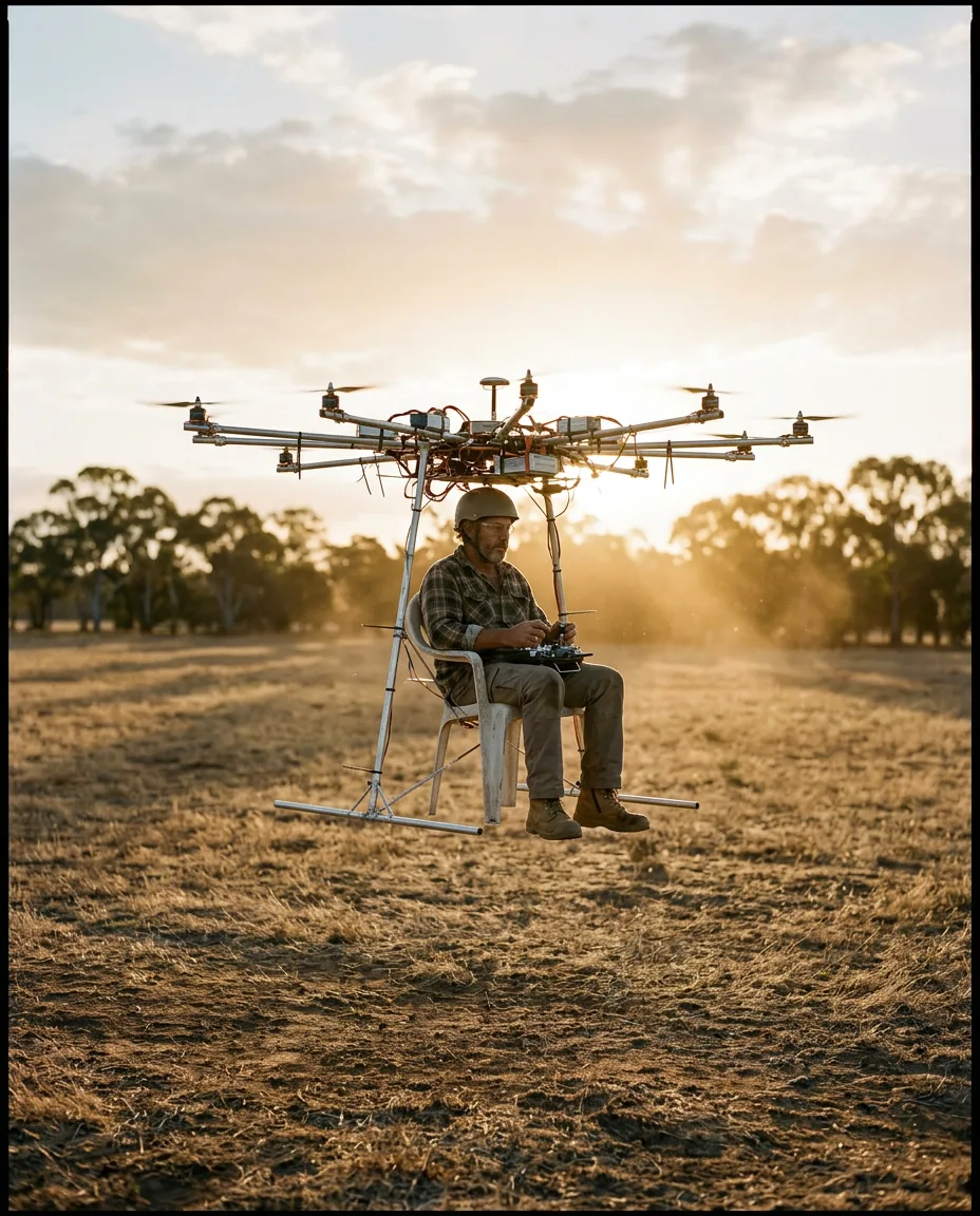 Temu's Personal Aircraft Drone: Can You Fly One in Australia? 4 Cheaply built DIY passenger drone frame with exposed wiring and mismatched hardware