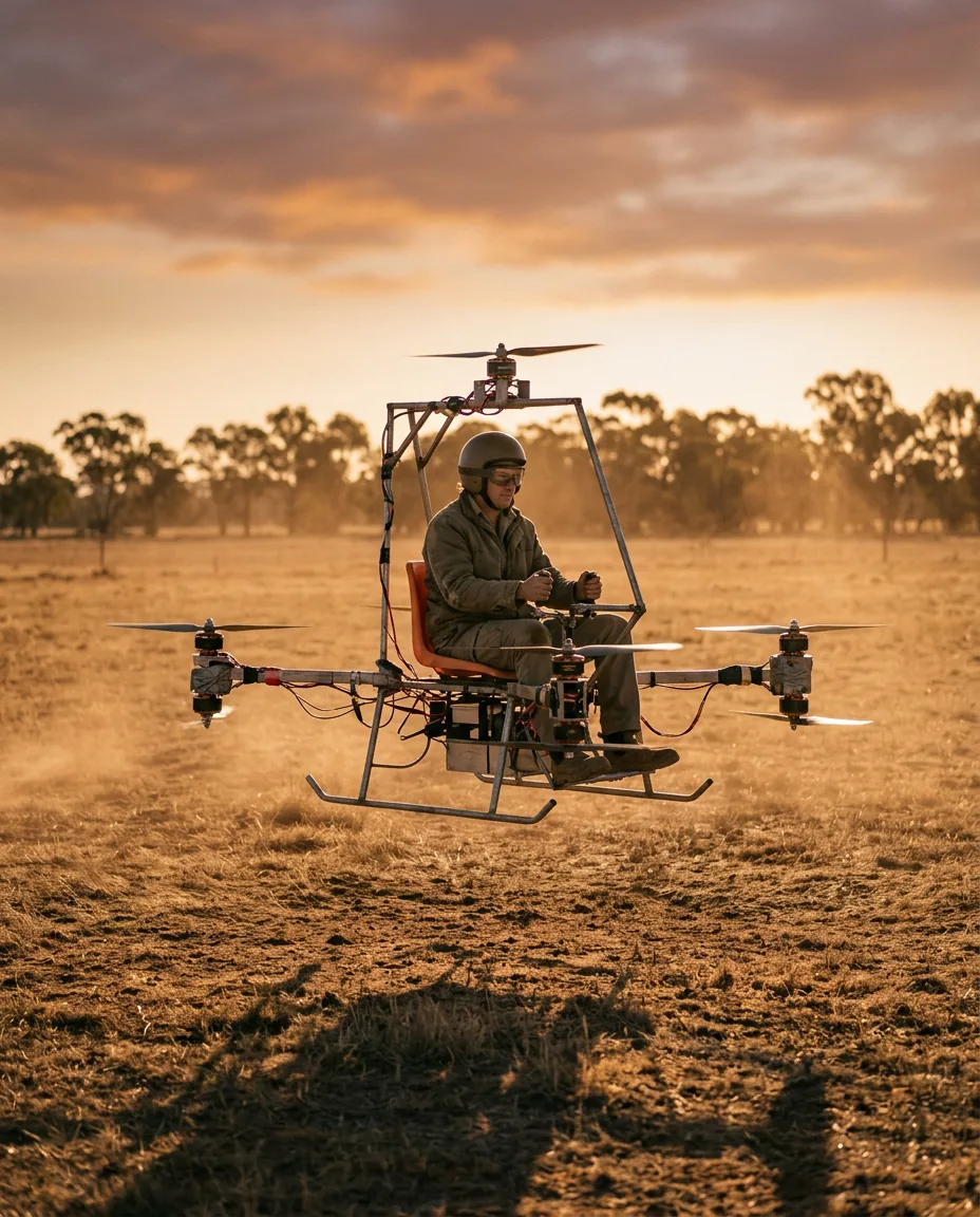 Temu's Personal Aircraft Drone: Can You Fly One in Australia? 6 Homemade single-seat drone with no safety redundancy hovering at dusk