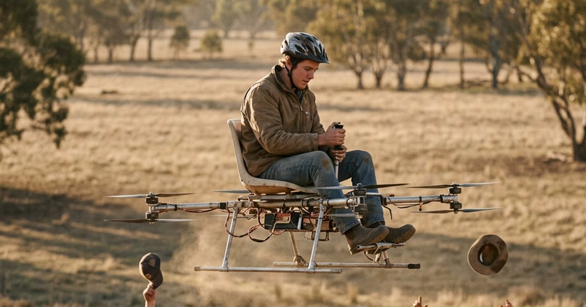Aussie blokes flying a homemade Temu passenger drone over a paddock