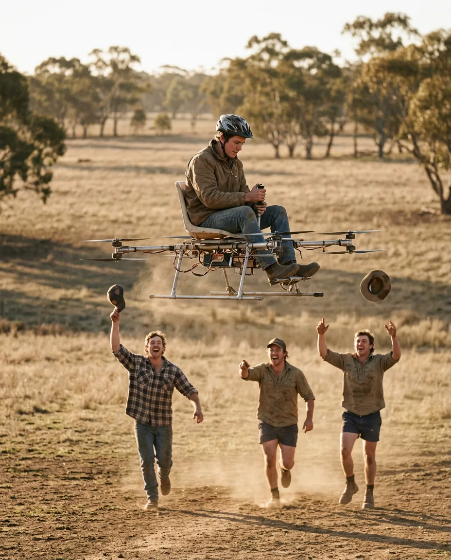 Temu's Personal Aircraft Drone: Can You Fly One in Australia? 2 Young bloke on an office chair strapped to a homemade multirotor as mates cheer below